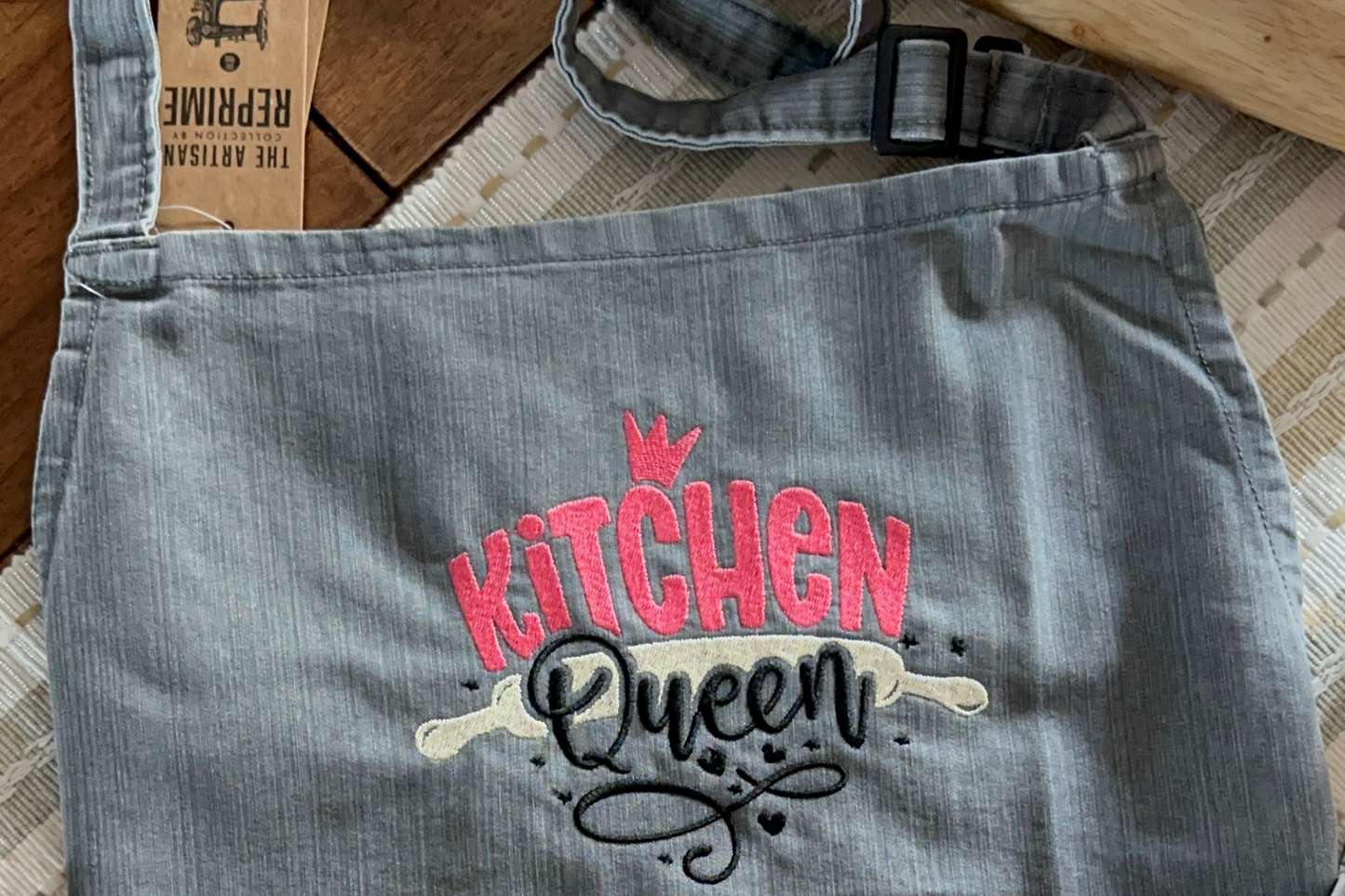Gray denim Embroidered apron, Kitchen Queen embroidered apron for her, Apron gift for a woman, Mother's Day gift, unique Mother's Day gift
