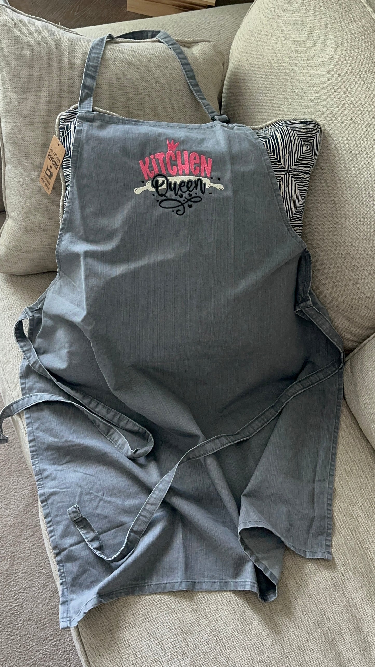 Gray denim Embroidered apron, Kitchen Queen embroidered apron for her, Apron gift for a woman, Mother's Day gift, unique Mother's Day gift