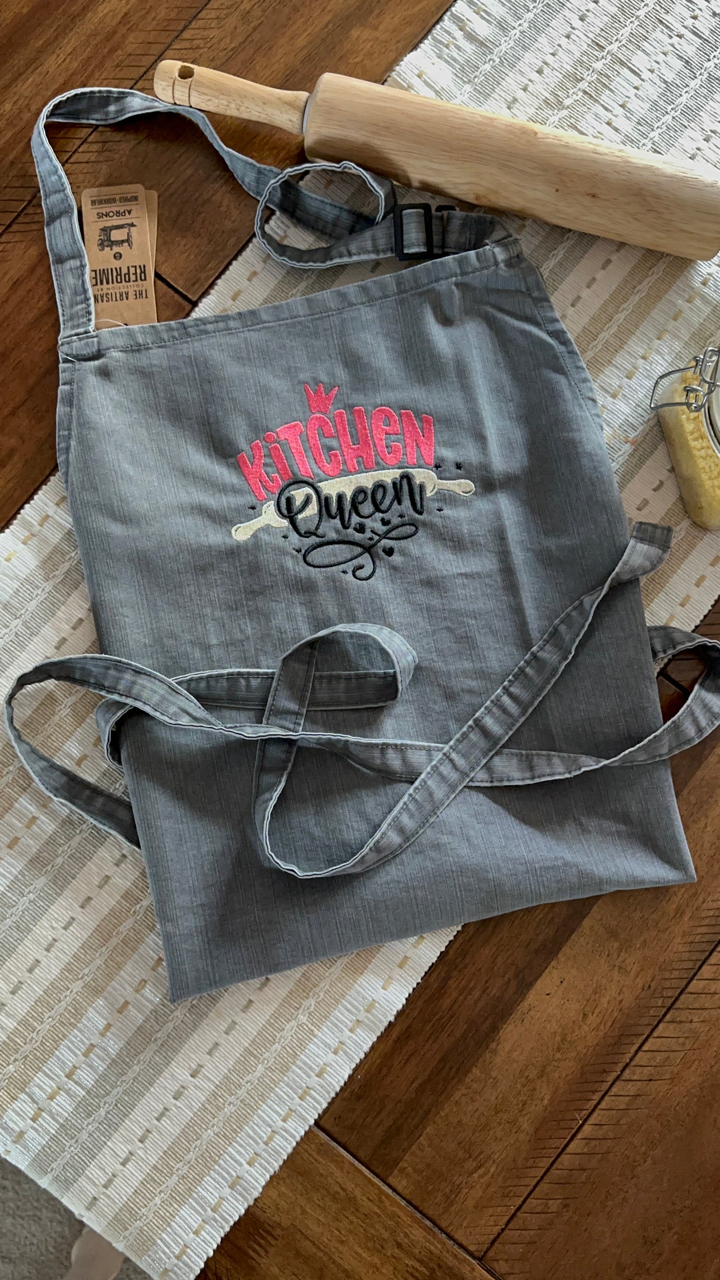 Gray denim Embroidered apron, Kitchen Queen embroidered apron for her, Apron gift for a woman, Mother's Day gift, unique Mother's Day gift