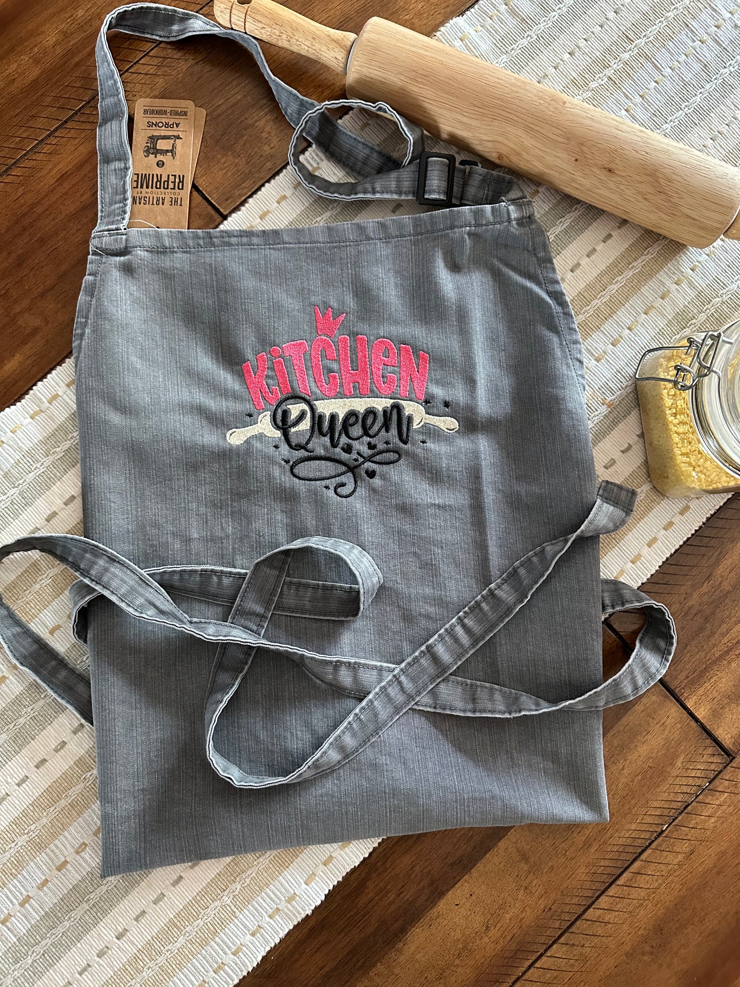 Gray denim Embroidered apron, Kitchen Queen embroidered apron for her, Apron gift for a woman, Mother's Day gift, unique Mother's Day gift