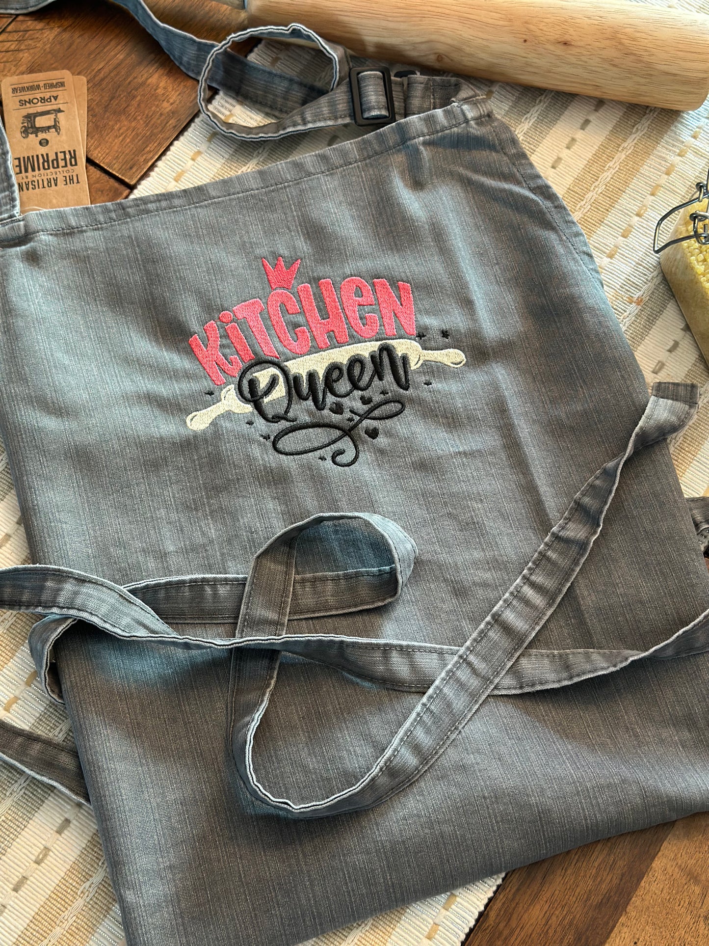 Gray denim Embroidered apron, Kitchen Queen embroidered apron for her, Apron gift for a woman, Mother's Day gift, unique Mother's Day gift