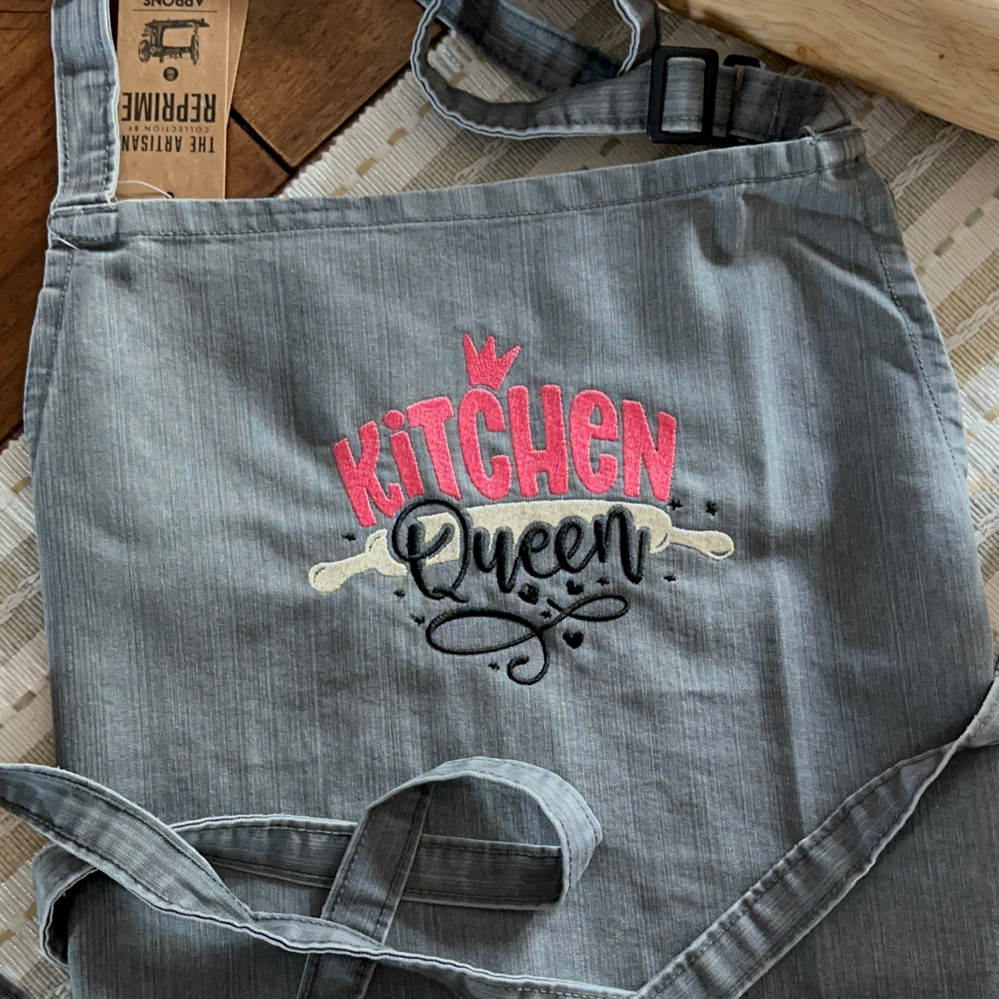 Gray denim Embroidered apron, Kitchen Queen embroidered apron for her, Apron gift for a woman, Mother's Day gift, unique Mother's Day gift